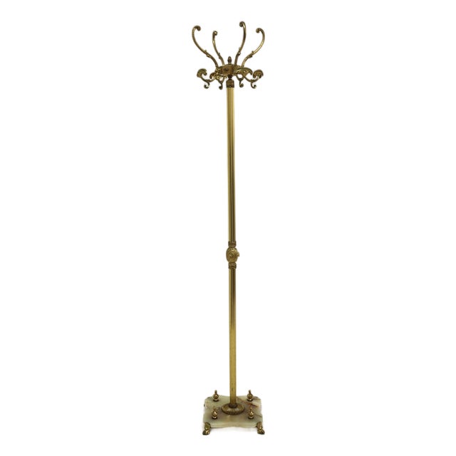 Italian Hollywood Regency Brass Coat Rack with Rotating Crown and Marble Base, 1960s For Sale