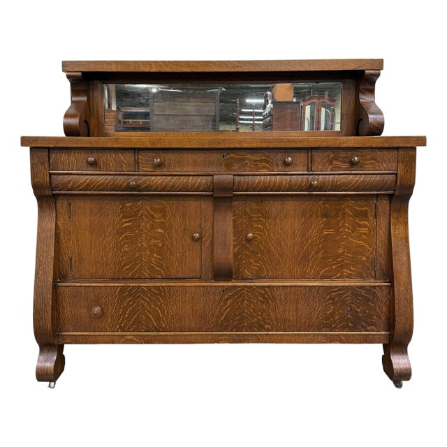 Antique Empire Quarter Sawn White Tiger Oak Sideboard Server Buffet For Sale