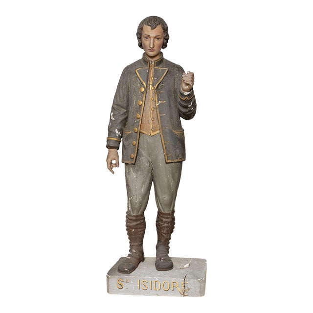 Antique Polychrome Wood and Gesso Statue of Saint Isidore For Sale