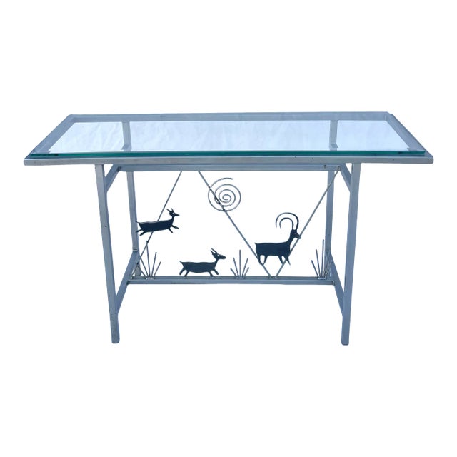 Giacometti-Inspired Silver Metal Console Table With Animal Figurines For Sale