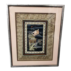Mid 20th Century Chinese Goddess Chang’e Flying to Moon, Framed Embroidered Silk