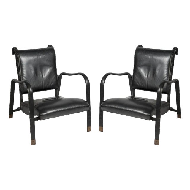 Set of Vintage Stitched Leather Armchairs by Jacques Adnet For Sale