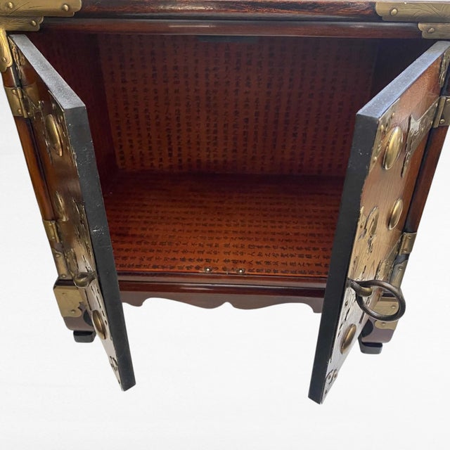 Asian Antique Mid-Century Chinese Brass-Mounted Hardwood Cabinet With Lock & Calligraphy Interior For Sale - Image 3 of 14