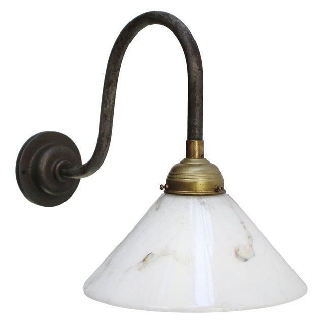 Mid-Century Modern Cast Iron Wall Sconce with White Marble Effect Glass Shade For Sale - Image 3 of 8
