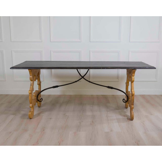 19th Century Large Italian Lacquered Lyre Table in Siena Yellow and Dark Brown For Sale In Atlanta - Image 6 of 8
