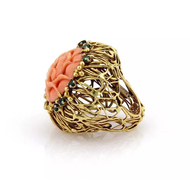 J. Auen 14k Yellow Gold Coral & Emerald Large Flower Ring - Size 6 For Sale - Image 4 of 6