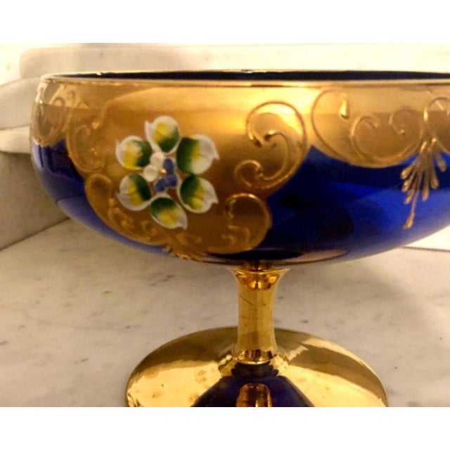 Blue Vintage Venetian Tre-Fuochi Murano Dessert Set with Fruit Goblet and Coupes in Cobalt Blue and 24kt Gold-Plated Enamel, 1920s, Set of 7 For Sale - Image 8 of 9