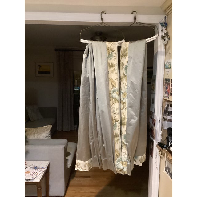 Custom-Made Silvery Chrome Color Drapes With Floral Borders. For Sale In New York - Image 6 of 8