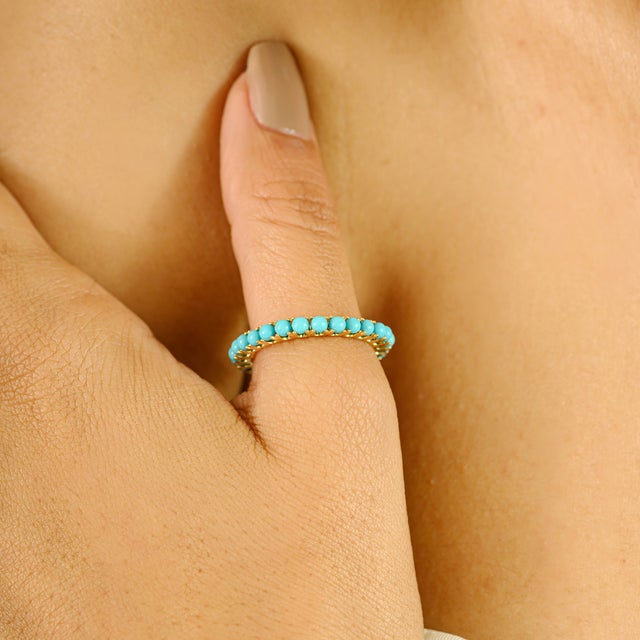 Contemporary Summer Natural Turquoise 14k Gold Eternity Band Size 7 For Sale - Image 3 of 12