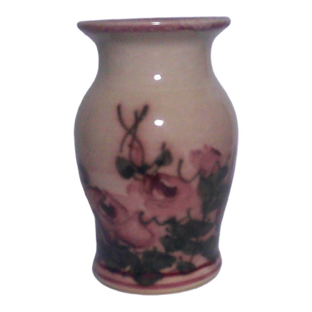 Vintage Greg Olson Studio Pottery Floral Vase Art Nouveau Country Chic Signed For Sale