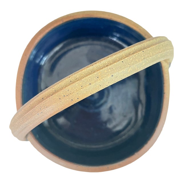 Handmade Blue Ceramic Serving Dish With Handle For Sale