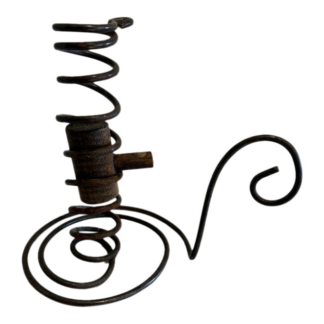 Vintage Primitive Iron and Wood Spiral Courting Candle Holder For Sale