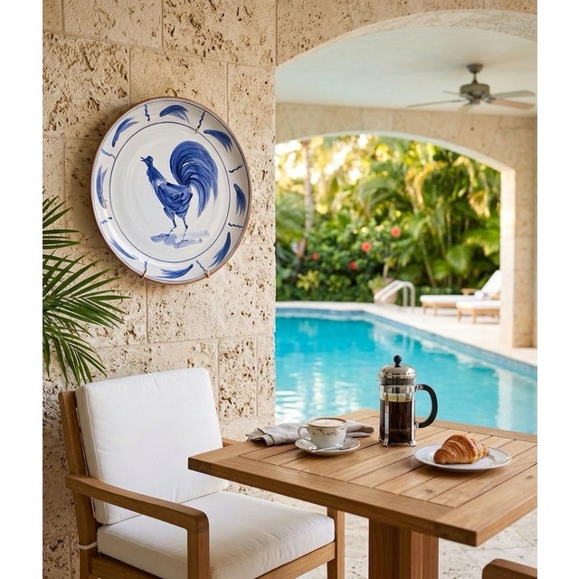 Italian Hand-Painted Blue Rooster Ceramic Serving Bowl For Sale In West Palm - Image 6 of 12