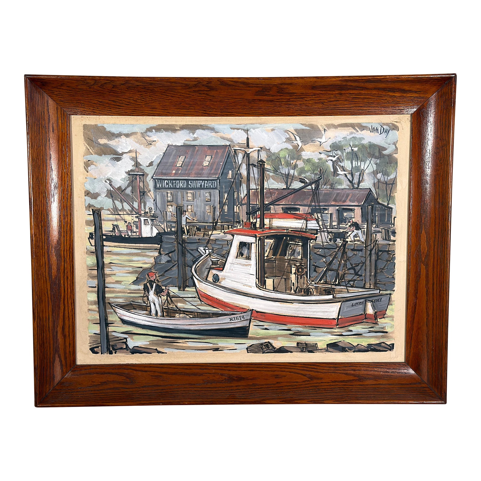 Vintage 1960's John Day "Wickford Shipyard" Rhode Island Harbor Scene Painting