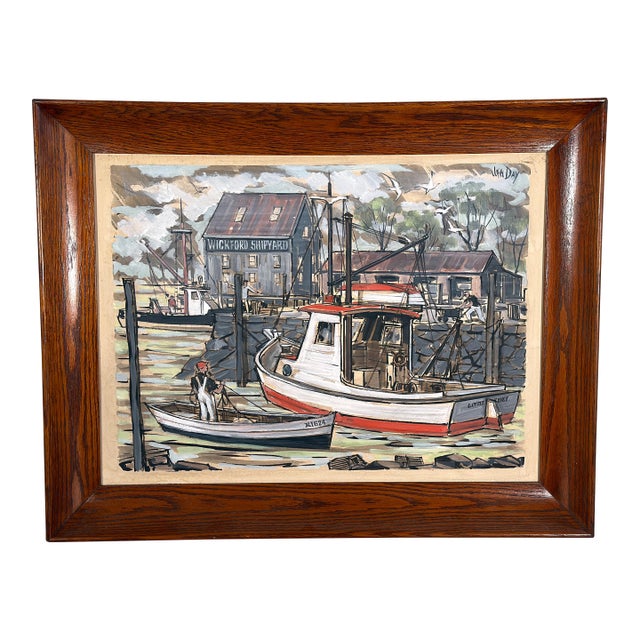 Vintage 1960's John Day "Wickford Shipyard" Rhode Island Harbor Scene Painting For Sale