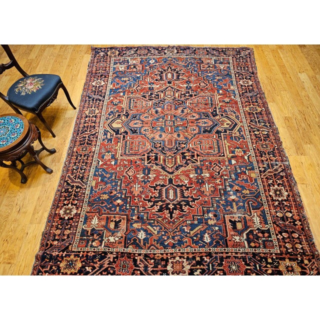 Vintage Persian Heriz Serapi Rug, Hand-Knotted Wool, Geometric Pattern, Rust-Red & Blue, 7x10 For Sale - Image 10 of 18