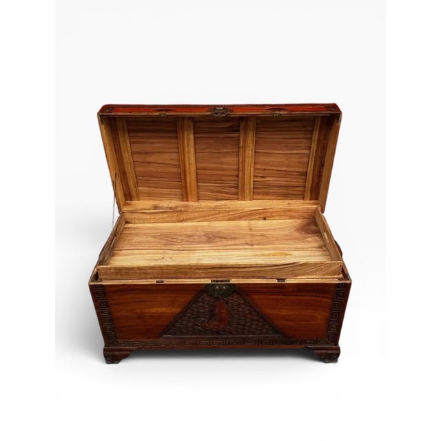Wood Vintage Hand-Carved Camphor Wood Trunk Chest With Greek Key Motif & Brass Hardware For Sale - Image 7 of 14