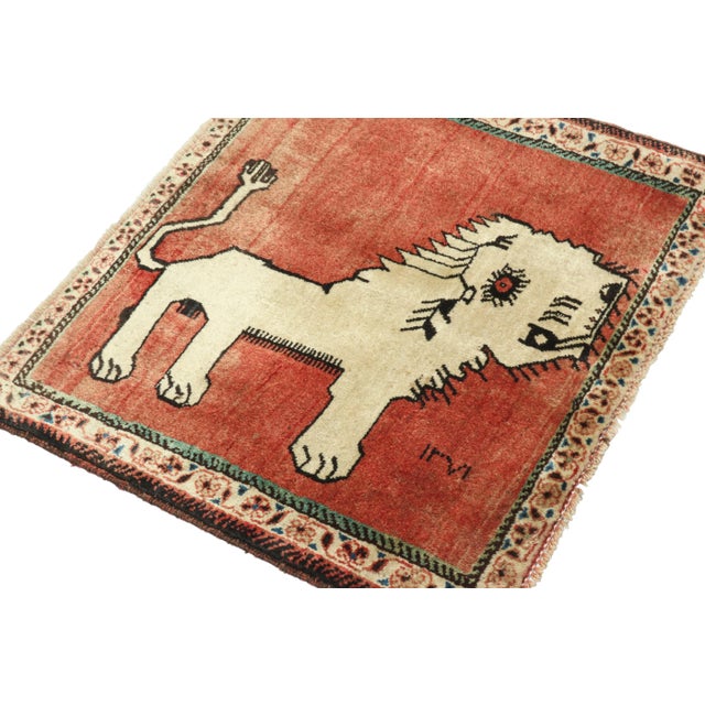 Rug & Kilim Vintage Gabbeh Tribal Rug in Red With Beige Lion Pictorial and Floral Border For Sale - Image 4 of 7