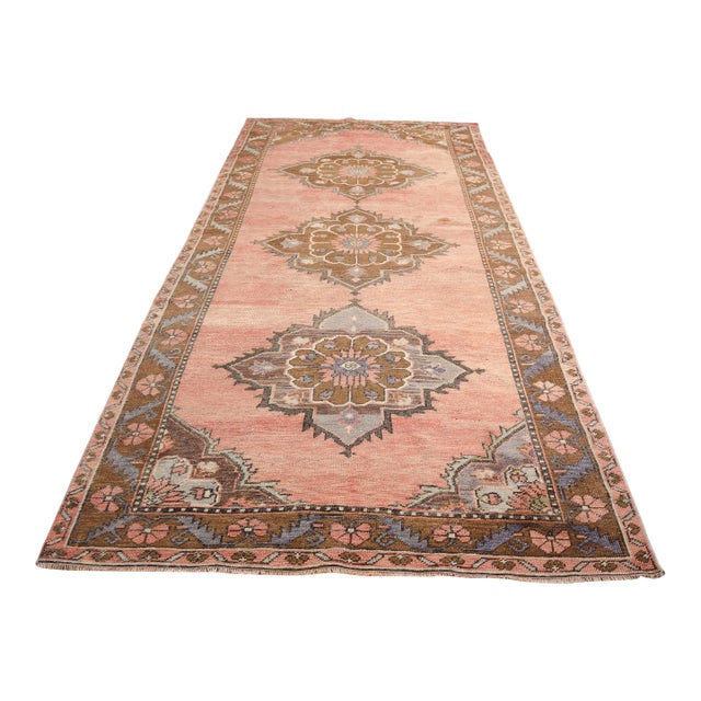 Authentic Hand-Knotted Runner, Faded Pink Vintage Rug, For Sale
