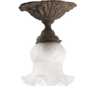Art Nouveau Ceiling Lamp in Brass and Frosted Glass For Sale