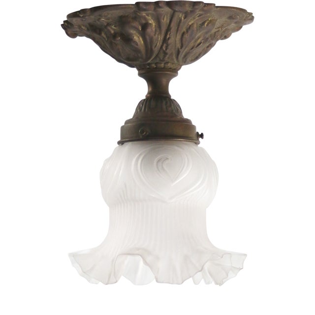 Art Nouveau Ceiling Lamp in Brass and Frosted Glass For Sale