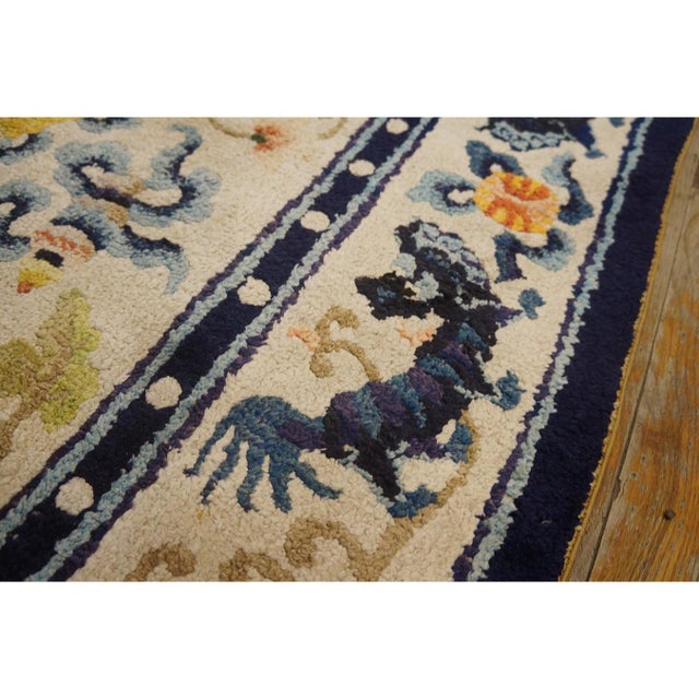 1930s 1920s Ivory Navy Blue Colorful Antique Chinese Silk Carpet 4' X 7' Foo Dog Rug For Sale - Image 5 of 10