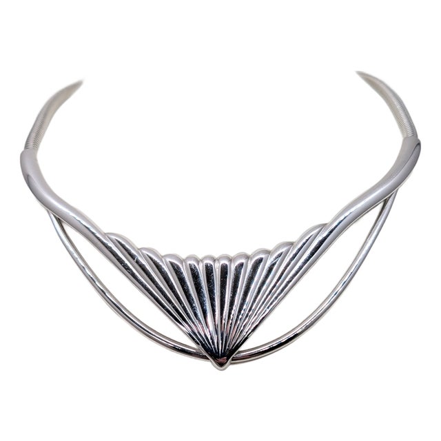 Vintage 1980s Signed Monet Deco Style Rhodium Plated Collar Necklace For Sale