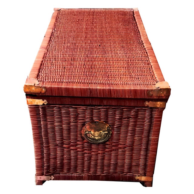 Mid-Century Modern Late 20th Century Ruddy Wicker Brass Campaign Trunk & Blanket Chest For Sale - Image 3 of 9