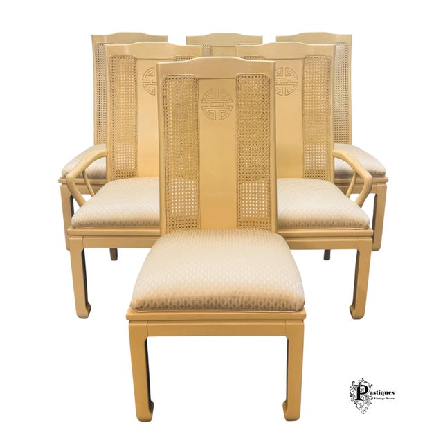 Chinoiserie Vintage Bernhardt Shibui Collection Chinoiserie Style Ivory Dining Chairs - Set of 6 For Sale - Image 3 of 11