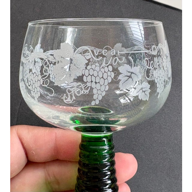 Vintage French Luminarc Roemer Green Stem Wine Glasses – Set of 5 For Sale In Miami - Image 6 of 10