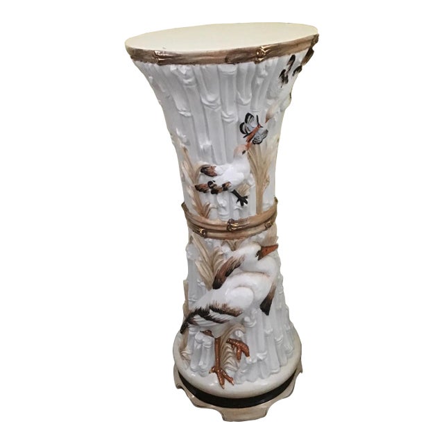Mid 20th Century Majolica Bird Heron Ceramic Faux Bamboo Pedestal Stand For Sale