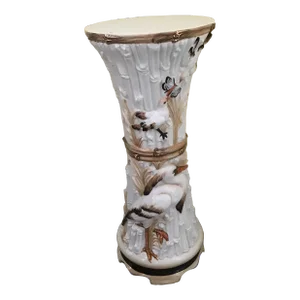 Mid 20th Century Majolica Bird Heron Ceramic Faux Bamboo Pedestal Stand