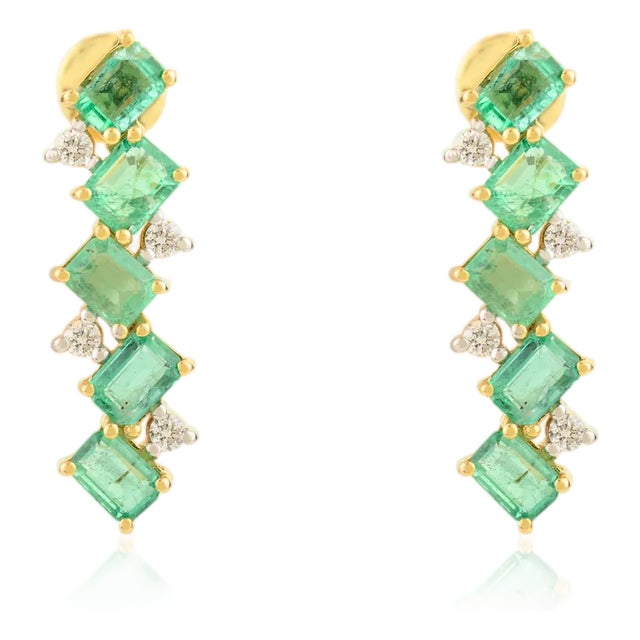 Vertical Bar Earrings With Emerald and Diamonds in 14k Gold- A Pair For Sale