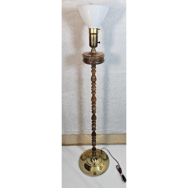 Vintage MCM Torchiere Style Wooden & Brass Floor Lamp Milk Glass Shade For Sale - Image 9 of 10