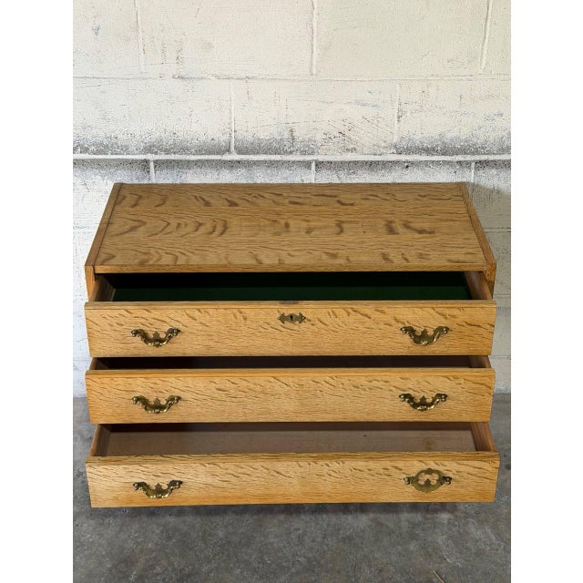 Oak Three-Drawer Dresser With Brass Hardware Danish Mid-Century Modern 1970s For Sale - Image 4 of 12