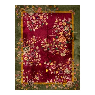 1920s Red Burgundy Floral Antique Chinese Art Deco Carpet 9' X 11'7" Knotted Wool Rug For Sale