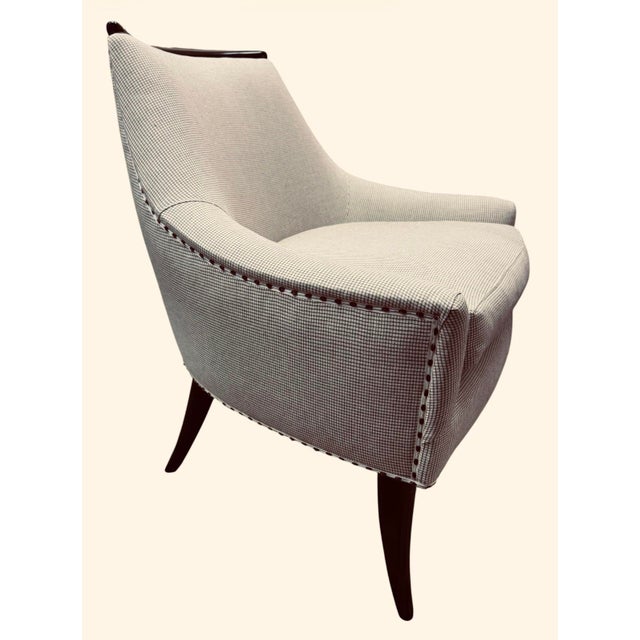1990s Custom Curved Barrel Upholstered Accent Chair in Neutral Check Fabric For Sale - Image 5 of 6