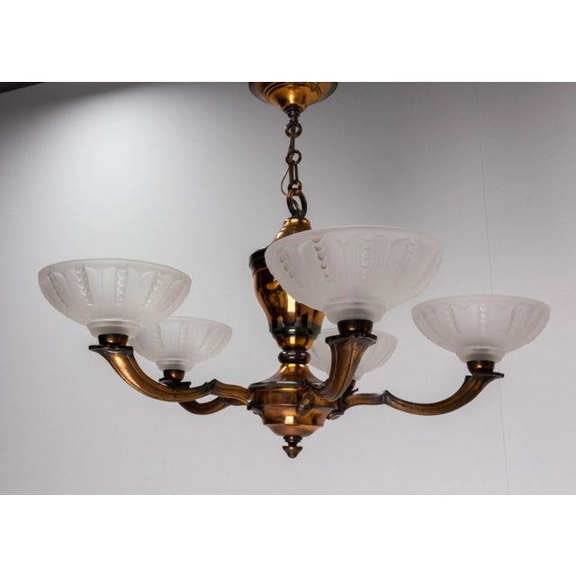 French Red Copper and Frosted Glass Chandelier, 1940s For Sale - Image 4 of 7