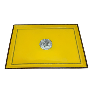 Imperial-Yellow Japanese Cloisonné Enamel Tray With Phoenix Medallion, Showa Era