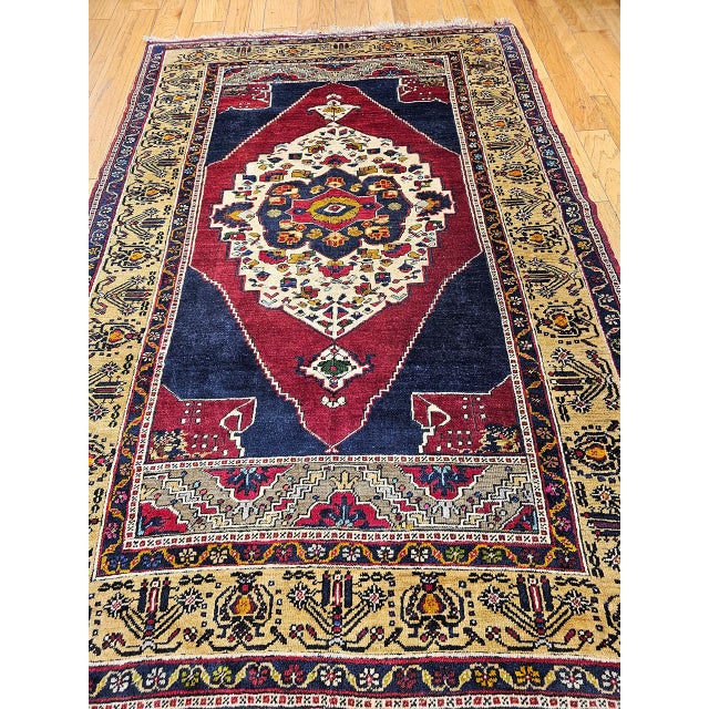 Vintage Turkish Oushak Area Rug, Hand-Knotted Geometric, Navy & Red, 6' x 9' For Sale - Image 4 of 17