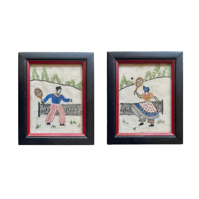 Victorian Vintage Embroidered Tennis Portraits - a Pair For Sale - Image 3 of 3