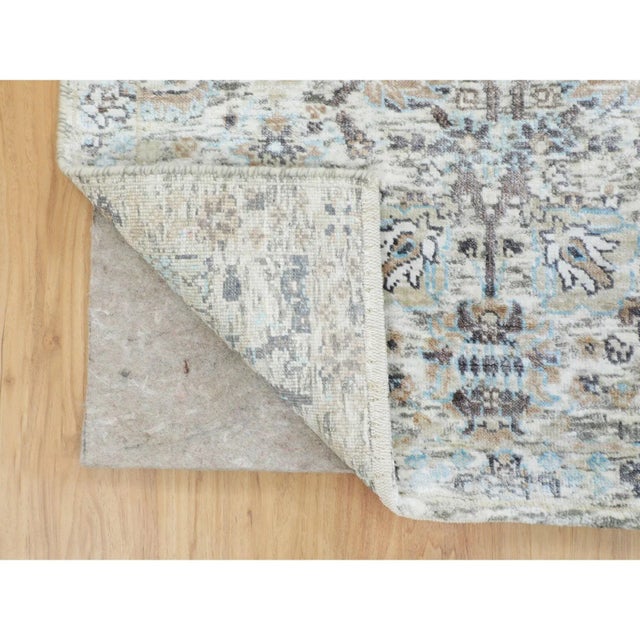 Ivory Silk With Textured Wool Tabriz Design Runner Hand Knotted Oriental Rug For Sale - Image 4 of 9