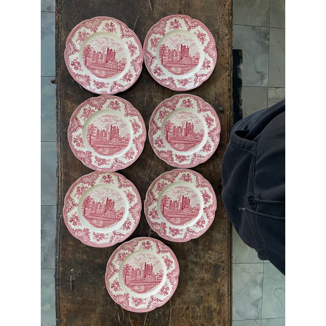 Vintage English Pink Transferware Dinner Plates in Old Britain Castles - Set of 7 For Sale - Image 11 of 12
