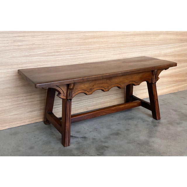 Baroque Mid 19th Century Spanish Baroque Side Table with Wood Stretcher and Rectangular Top in Walnut For Sale - Image 3 of 18