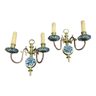 Mid 20th Century Dutch Delft Hand Painted Sconces - Pair For Sale