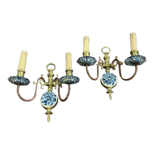 Mid 20th Century Dutch Delft Hand Painted Sconces - Pair