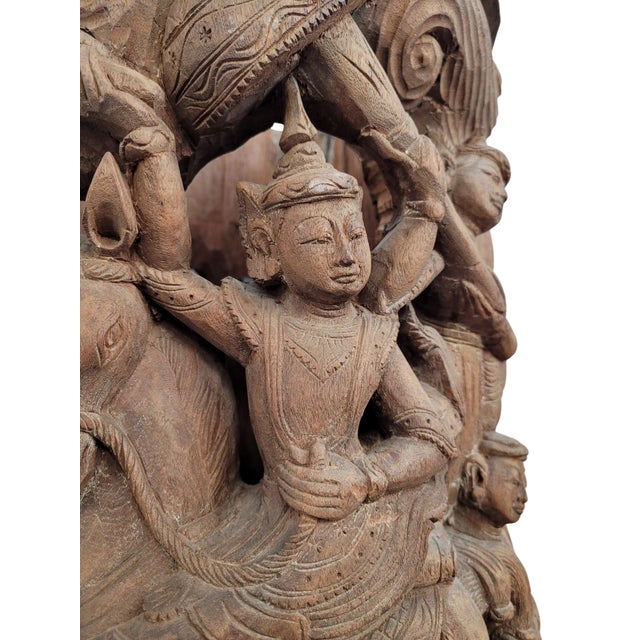 Tan 19th-Century Southeast Asian Hand-Carved Teak Temple Pillar Wrap Sculpture For Sale - Image 8 of 18