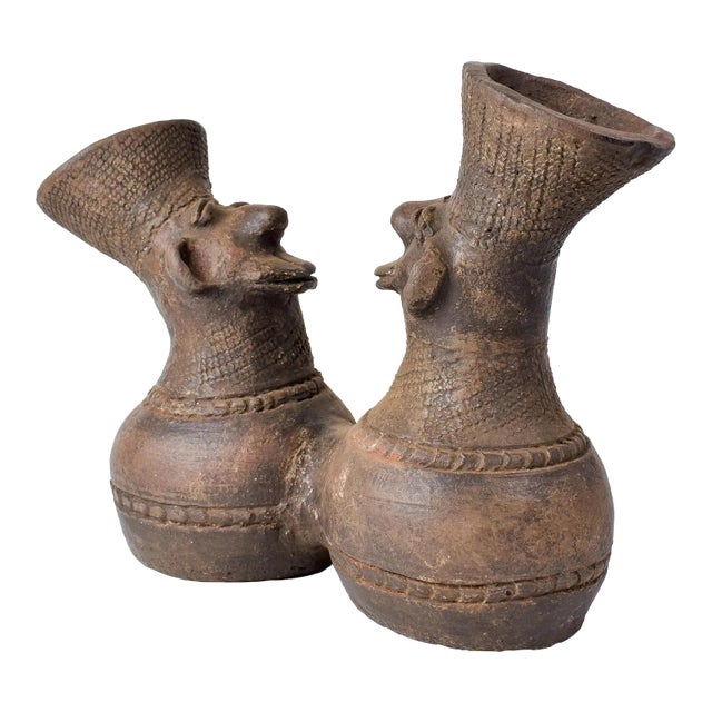 Early 20th Century Mangbetu Double Figure Marriage Clay Vessel For Sale