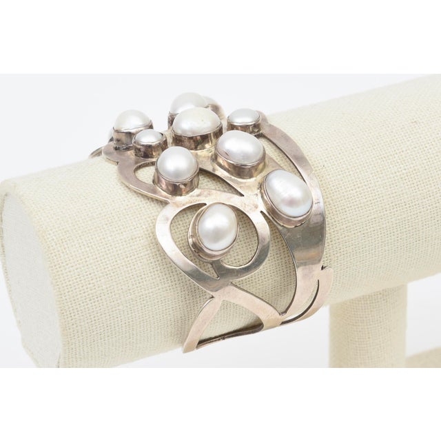 Silver Vintage Sterling Silver and Pearl Artisan Wide Cuff Bracelet, 1980's. For Sale - Image 8 of 11