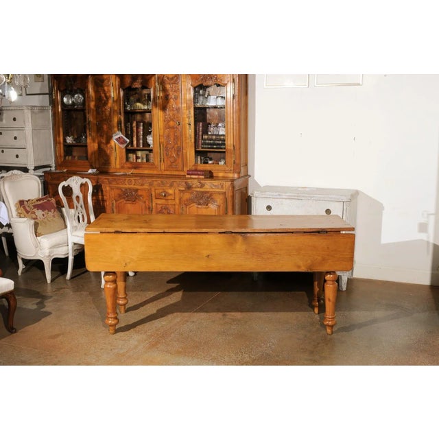 English 1875s Pine Drop Leaf Table with Two Lateral Drawers and Turned Legs For Sale - Image 4 of 13